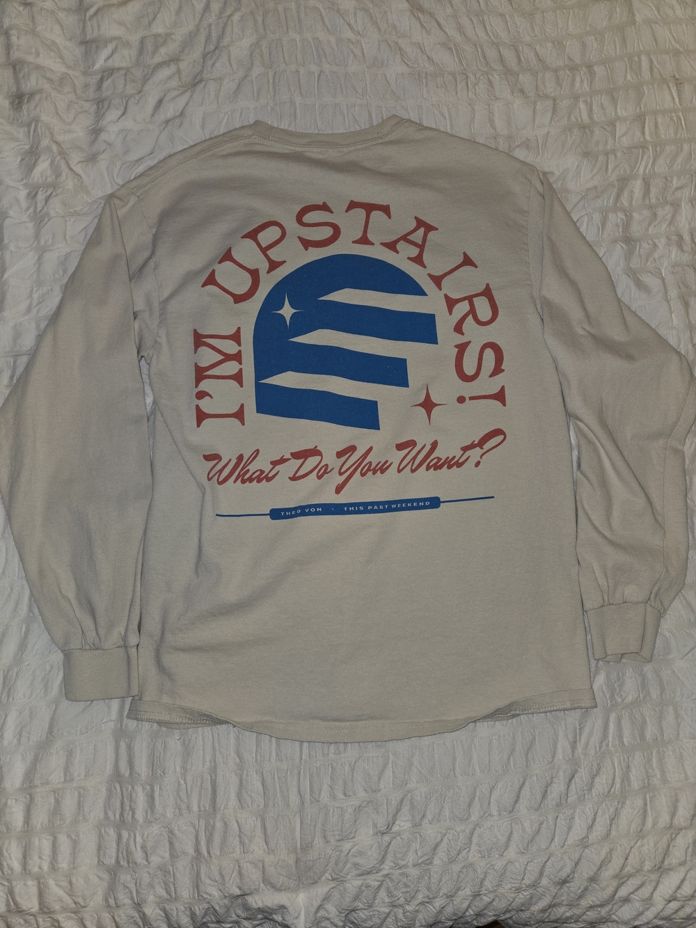Upstairs Graphic Long Sleeve Tee - Cream with Red & Blue Print